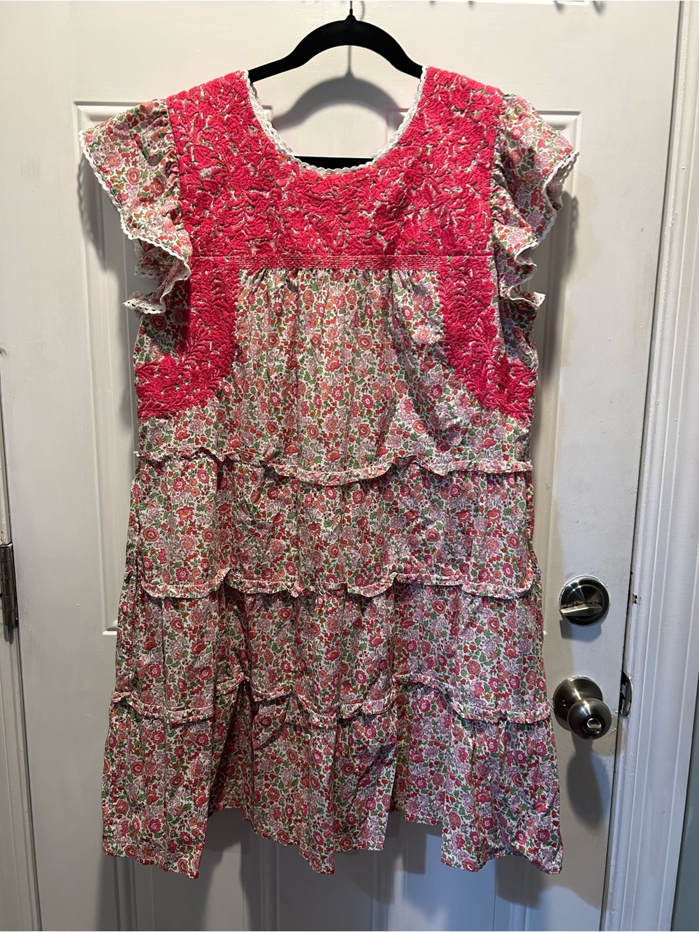 J Marie Pink Floral Tiered Dress with Embroidered Yoke